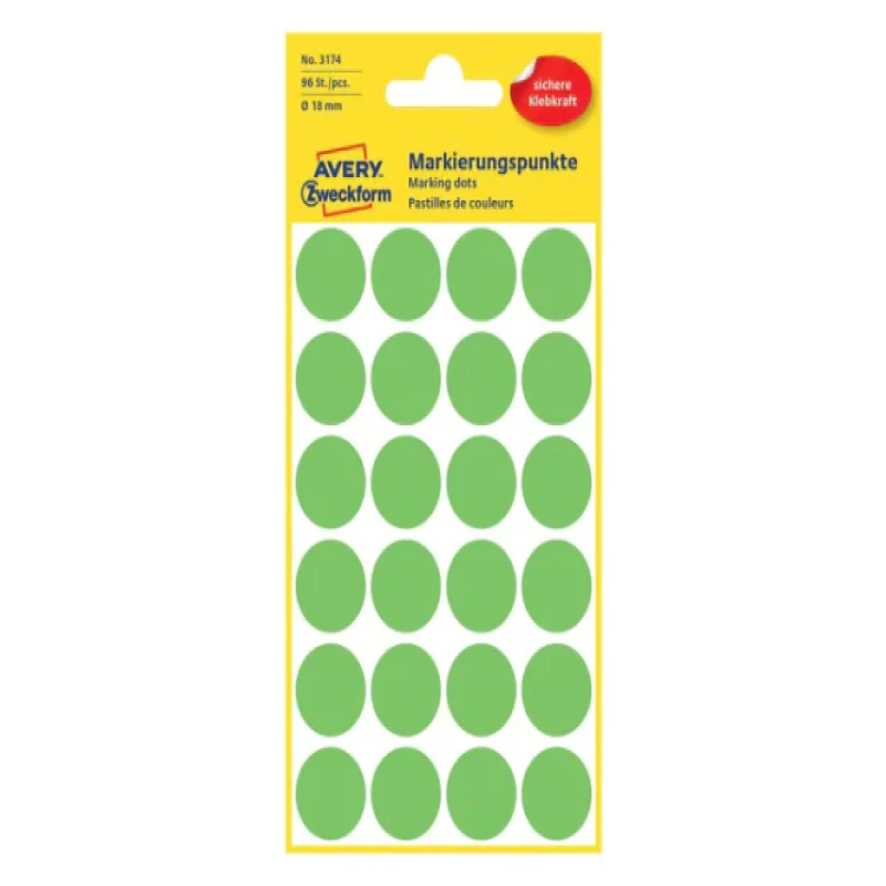 Avery Marking Labels, Dot 18mm Green, 96/pack
